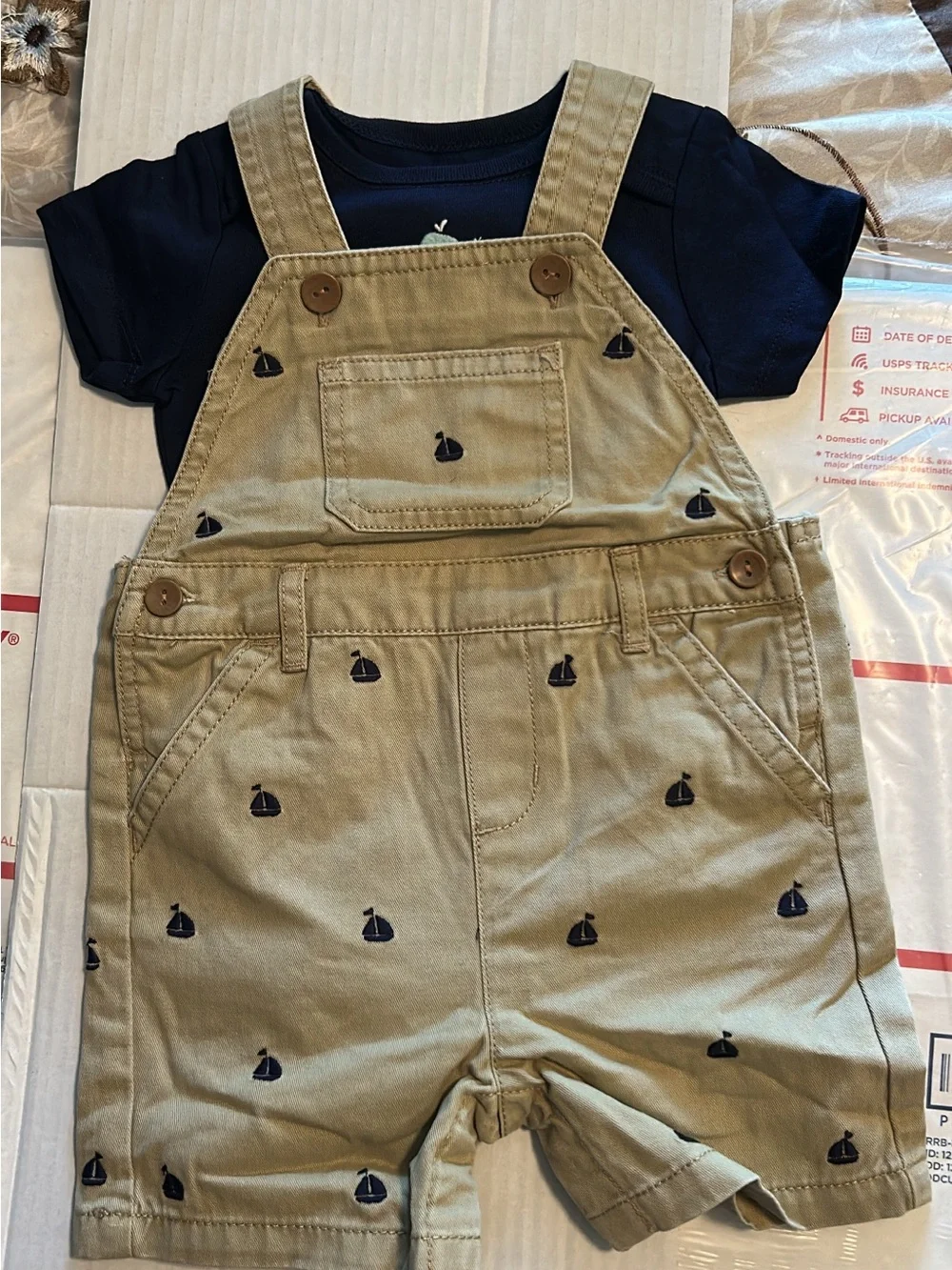 Gymboree Khaki Short Overalls with Navy Sailboat Embroidery